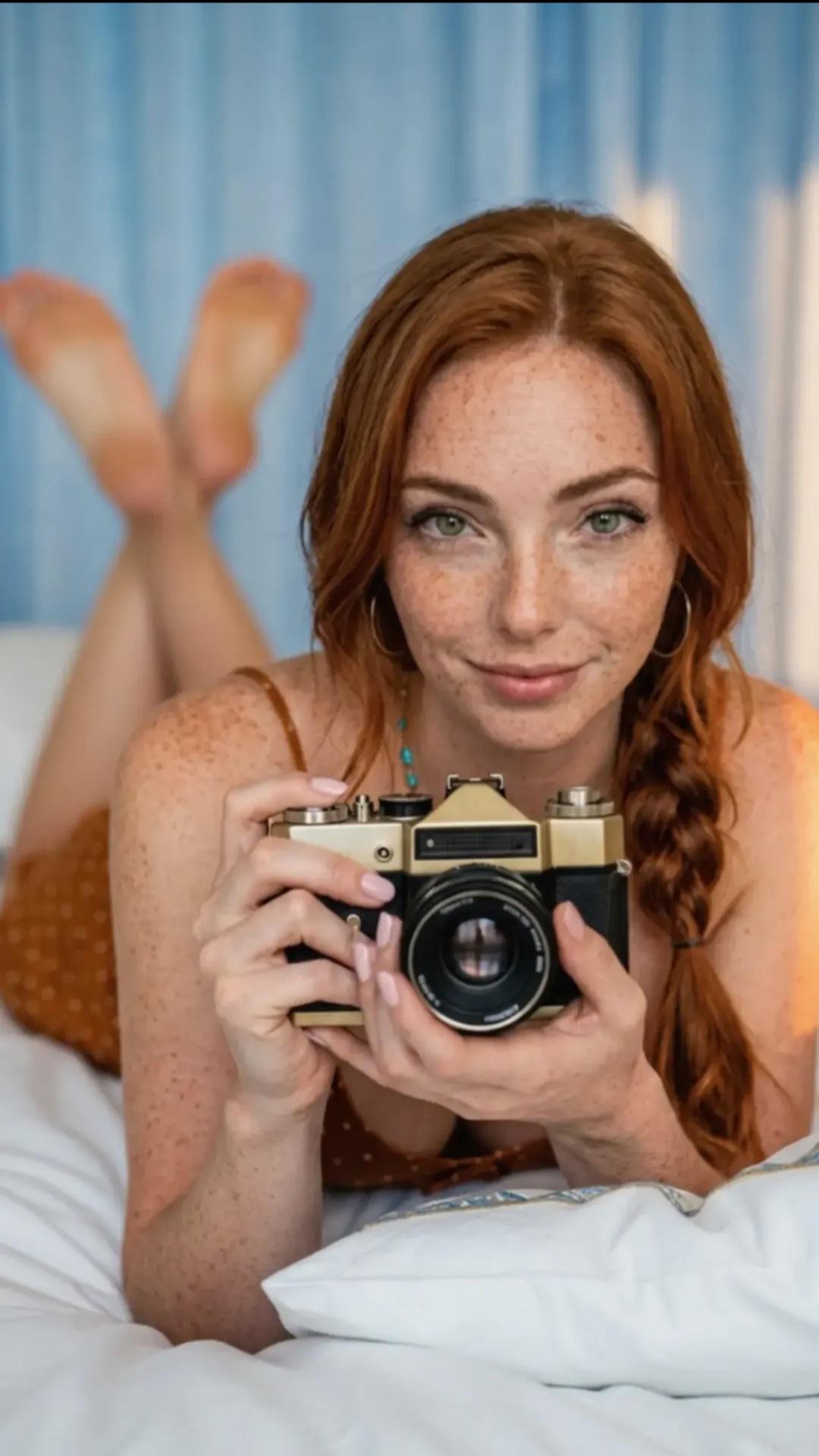 Face In Bed With Vintage Camera Golden Hour Light