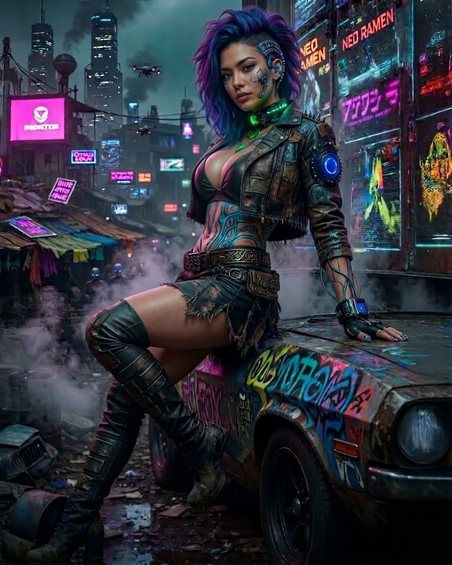 Cyberpunk Woman Weathered Car Mohawk Leather Jacket