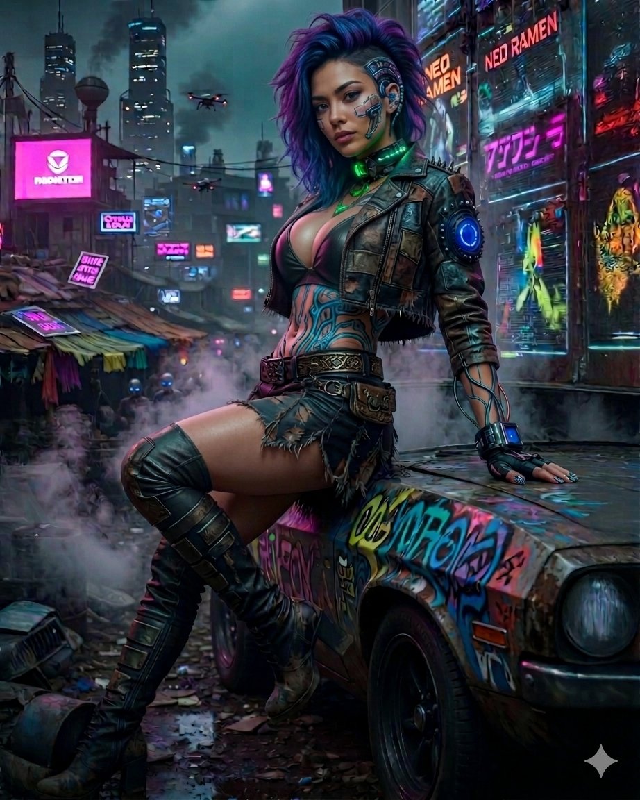 Cyberpunk Woman Weathered Car Mohawk Leather Jacket