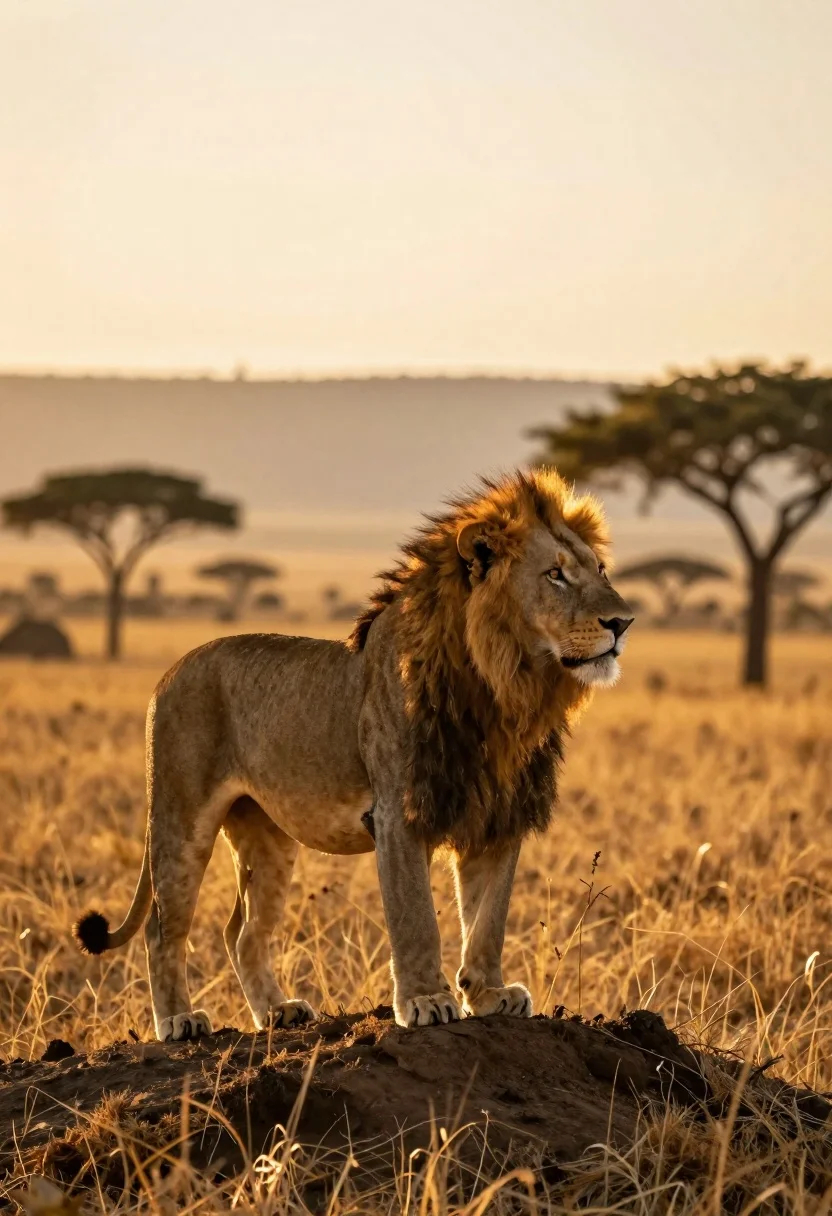 Majestic Male Lion Stands Profile Atop Small Mound Earth Gazing