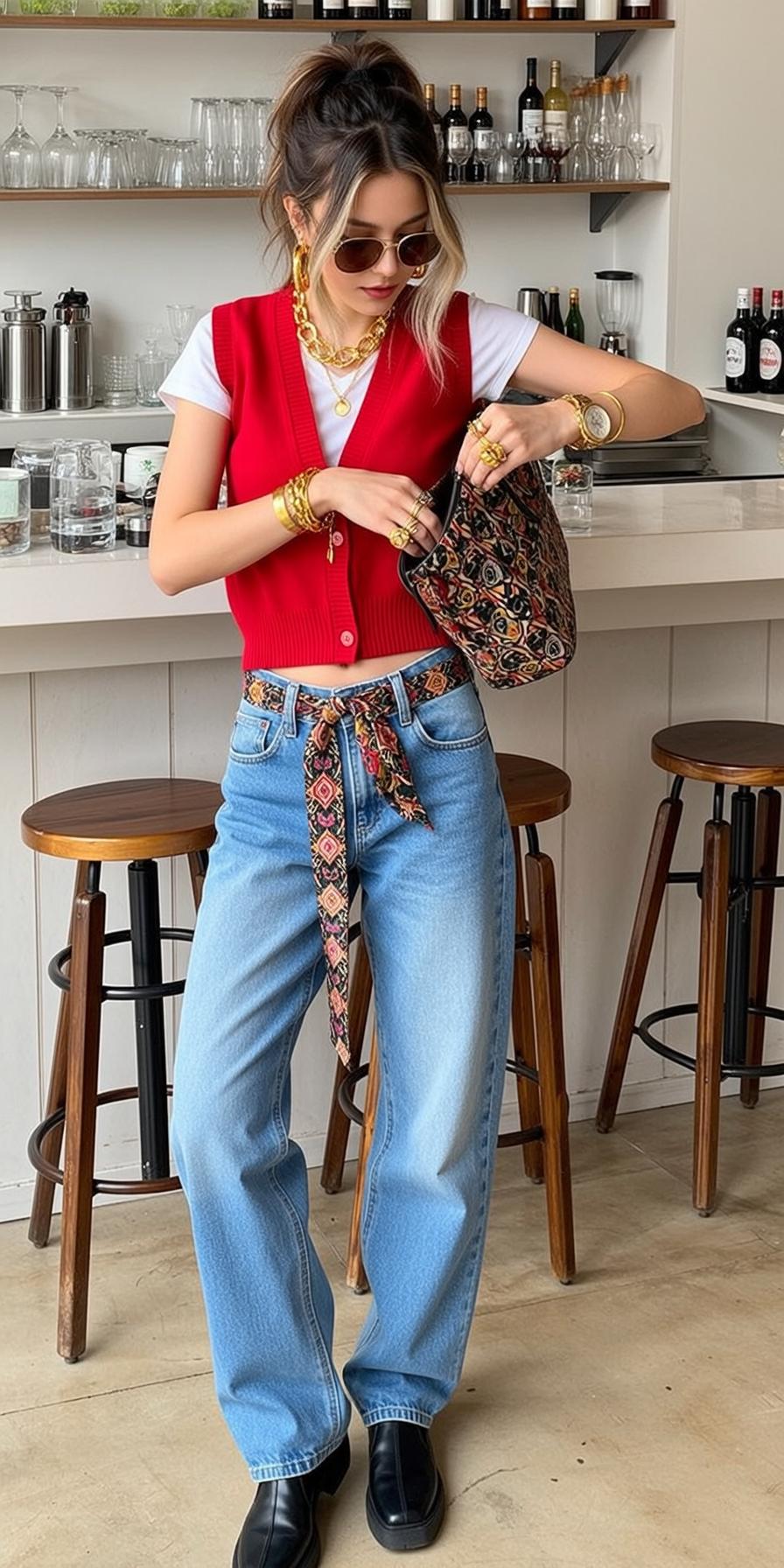 Red Vest and Wide Leg Jeans Cafe
