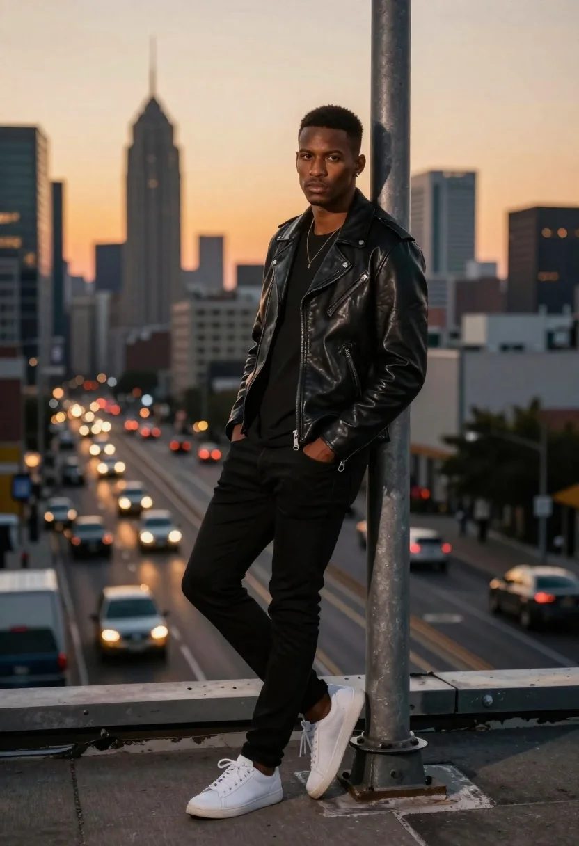 Cinematic Portrait Stylish Young Man Leaning Against Metal Pole Urban reference photo