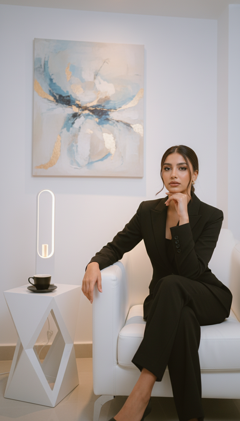 A confident woman in a black suit elegantly sitting on a luxurious white chair, with a soft glow from cinematic lighting.