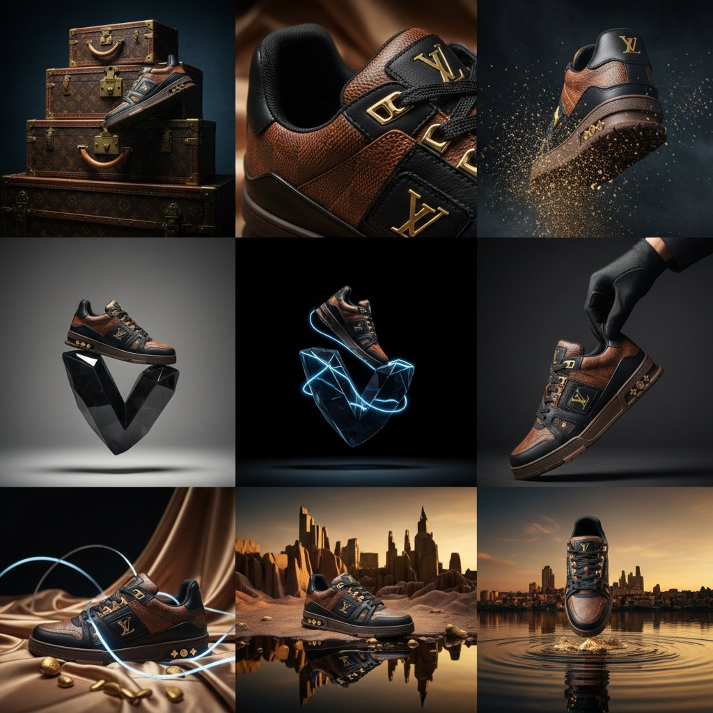 Hero shot of a luxury leather sneaker on a vintage LV trunk, showcasing the intricate leather grain.