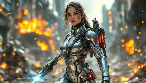 Futuristic Warrior Ruined Cityscape