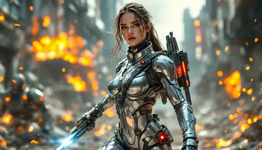 Futuristic Warrior Ruined Cityscape