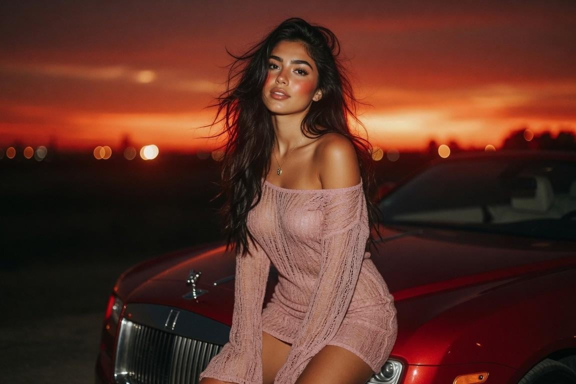 A model in a dusty pink crochet dress sits on a red Rolls Royce hood against a fiery sunset sky, exuding elegance with soft lighting.