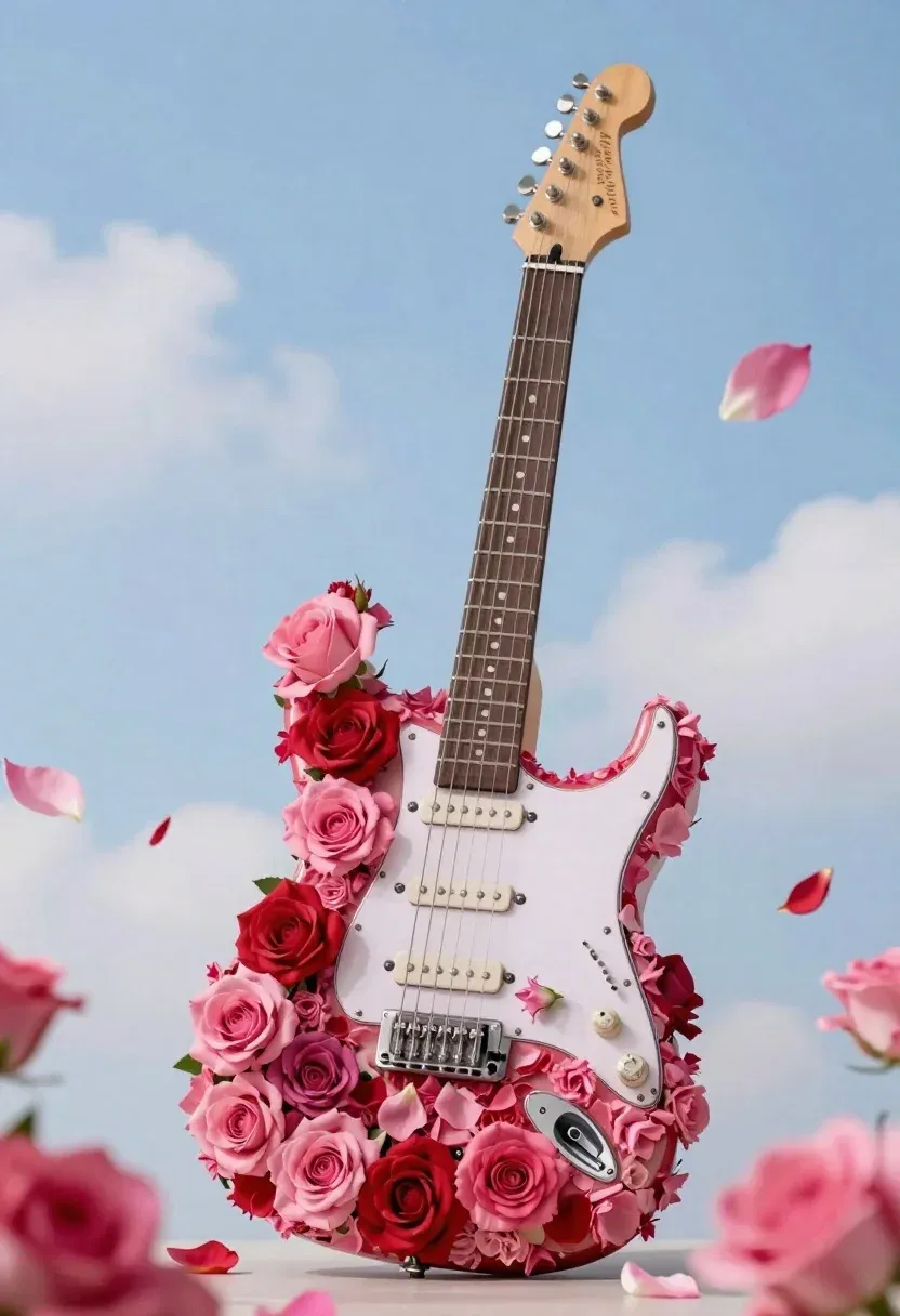 Surreal Electric Guitar Entirely Covered Vibrant Pink And Red Roses