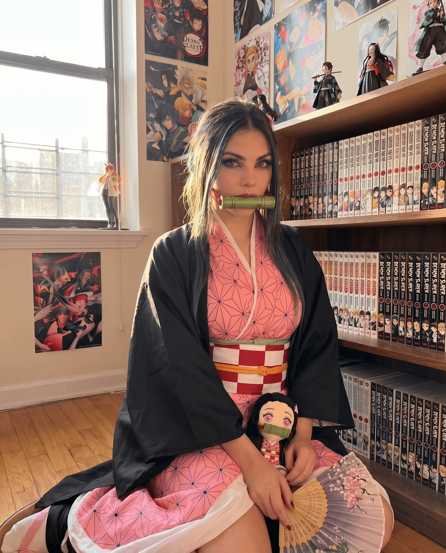 Nezuko Cosplay Sitting On Floor With Manga