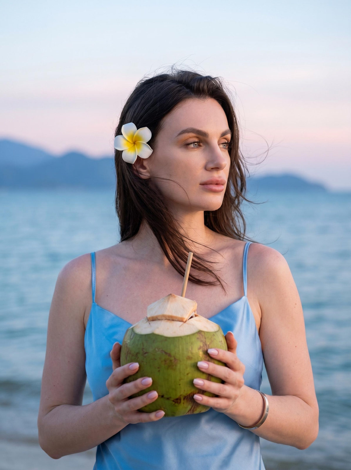 Woman in light blue dress holding a coconut on a sandy beach, with soft pastel sky and mountains in background.
