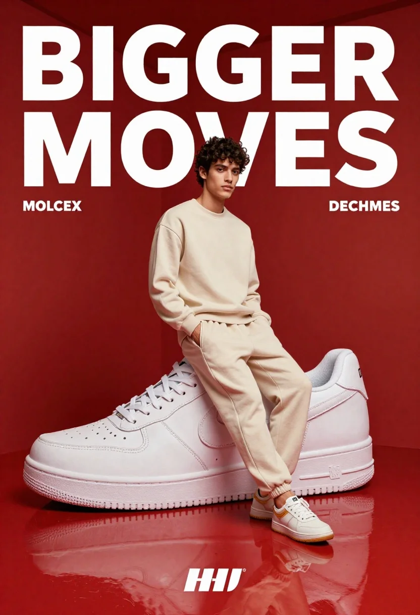 A young man leans against a giant sneaker in a minimalist studio with red walls, showcasing soft lighting and textile texture.