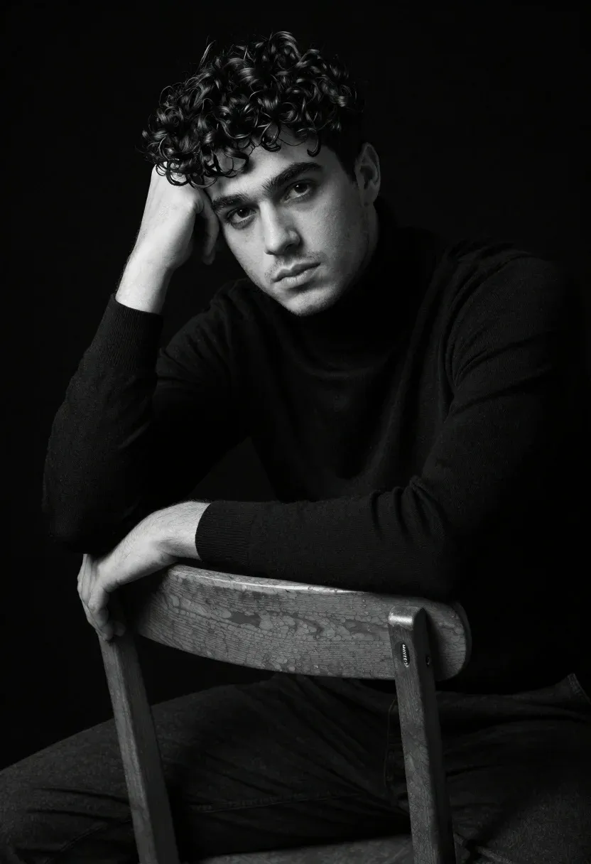 Young Man With Dark Curly Hair Sits Wooden Chair Against