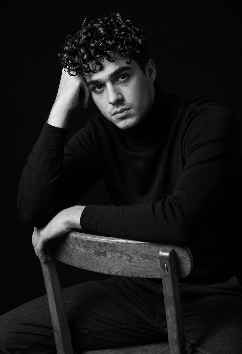 Young Man With Dark Curly Hair Sits Wooden Chair Against