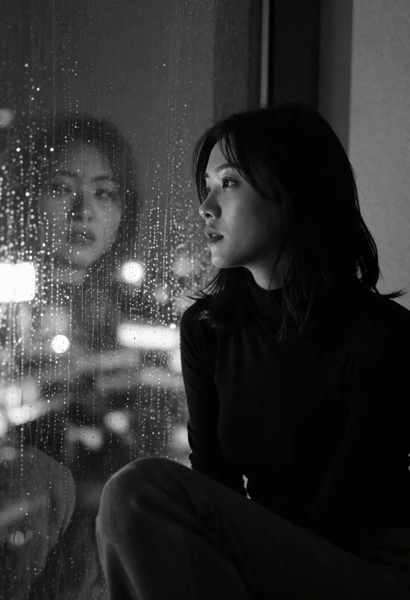 Solitary Woman Sits Rain-streaked Window Night Gazing Outward With Contemplative