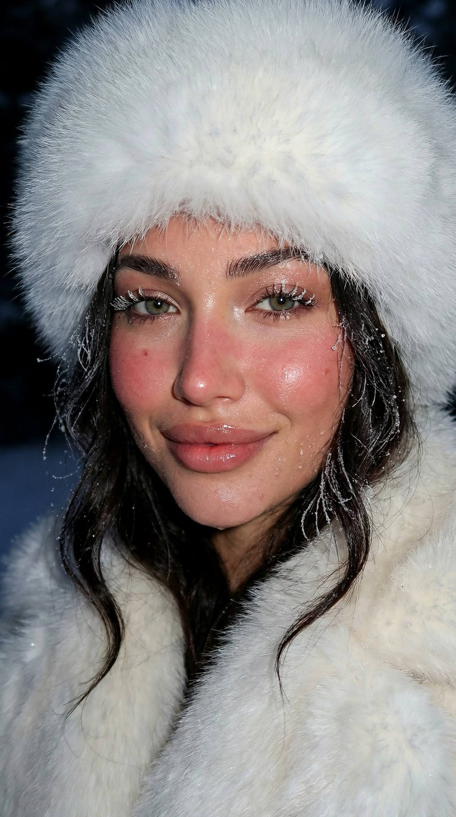 Close-up winter beauty portrait of a woman with rosy cheeks and glossy skin under direct flash, wearing a fluffy fur hat.
