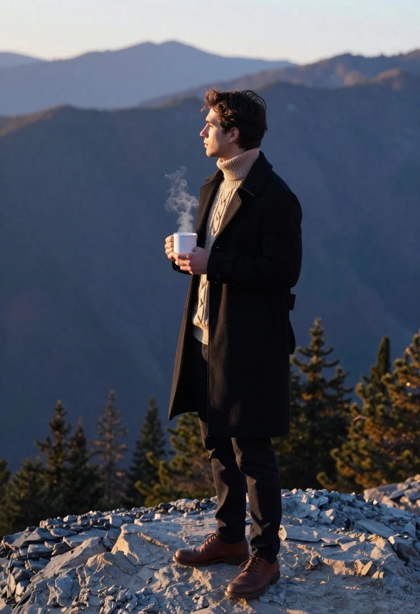 Young Man Stands Profile Rugged Rock Ledge Overlooking Vast Mountain