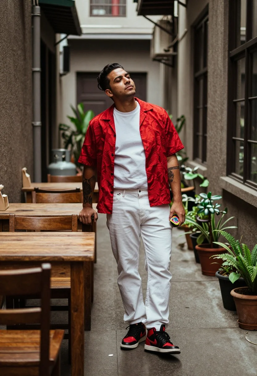 Man Stands Narrow Alleyway Between Wooden Tables The Left And
