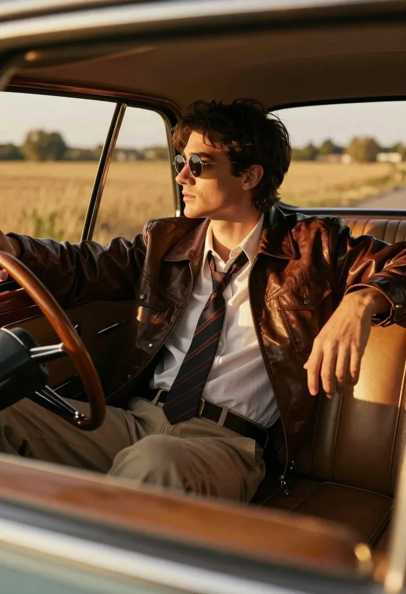 Handsome Young Man With Dark Hair Sits Inside The Driver