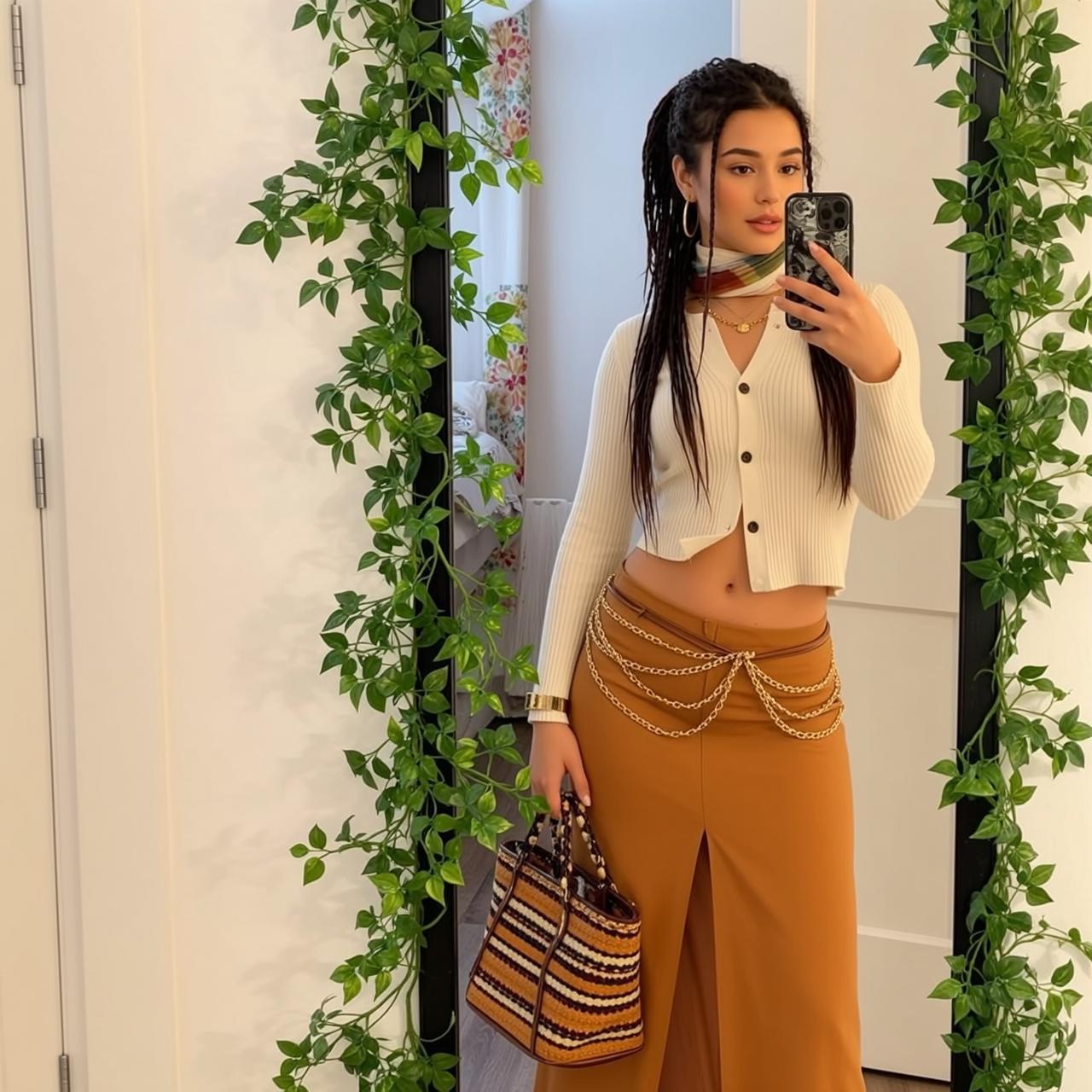 White Cardigan Brown Skirt Mirror Vines