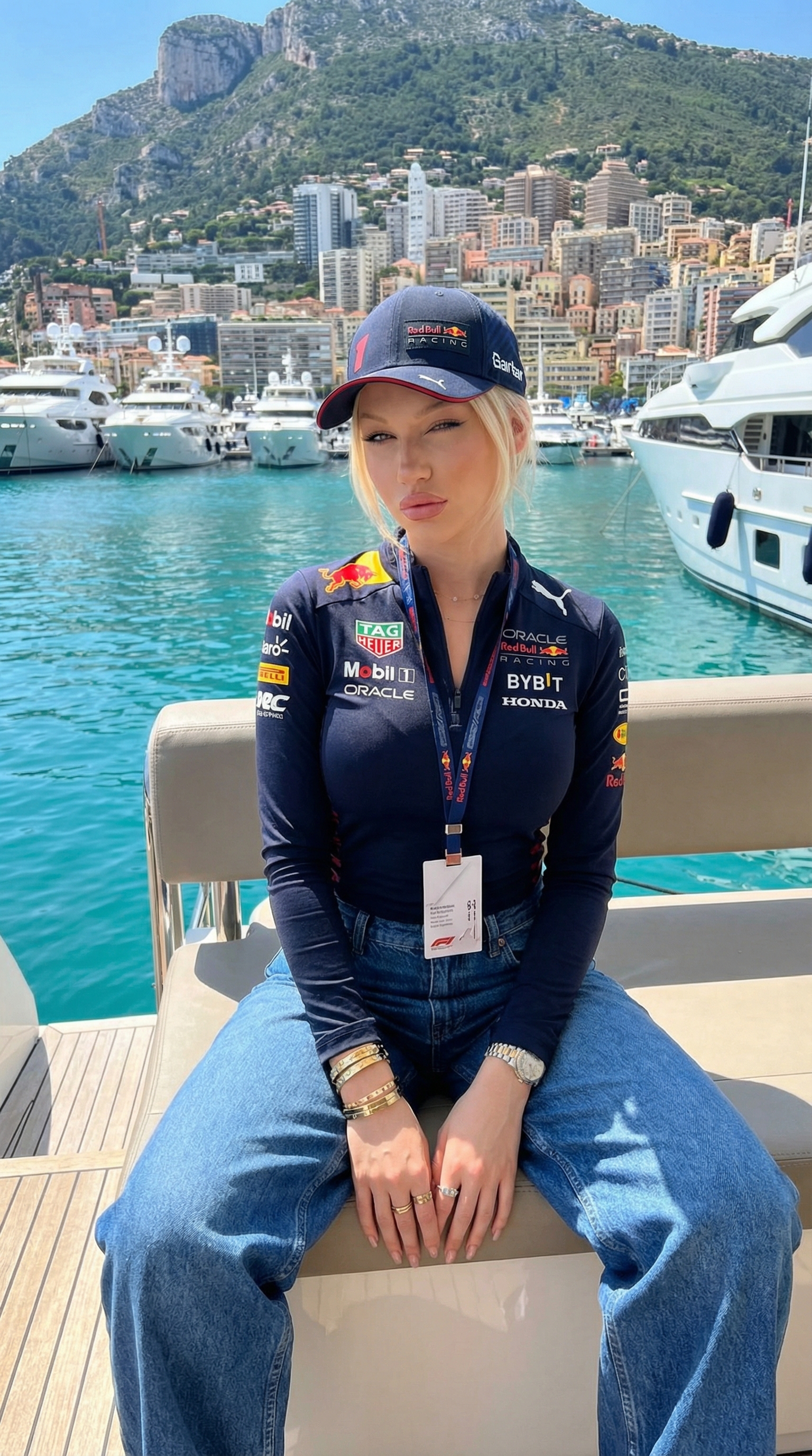 A confident person sitting on a yacht deck, wearing a Red Bull Racing outfit and accessorized with gold jewelry. The turquoise water and multiple yachts in the background complete the serene marina setting.