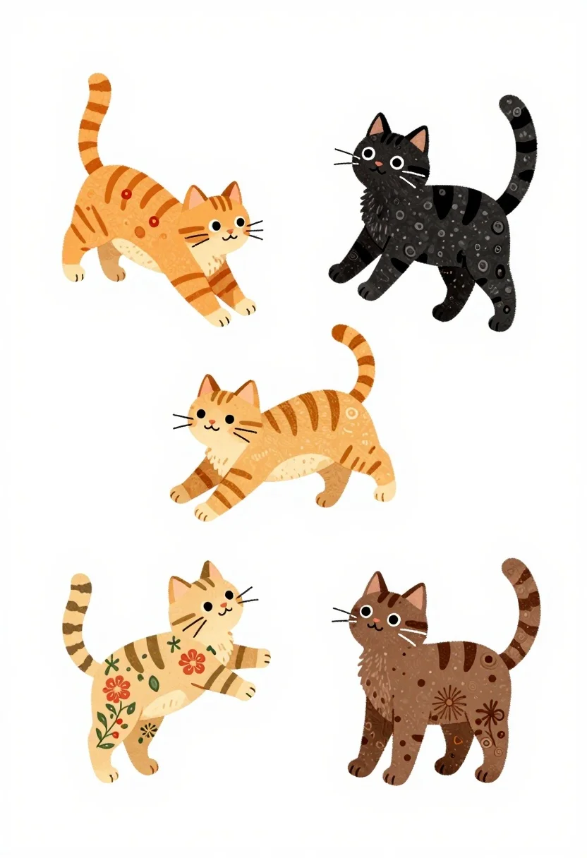 Collection Four Cartoon Cats Playful Pose Against Plain White Background reference photo