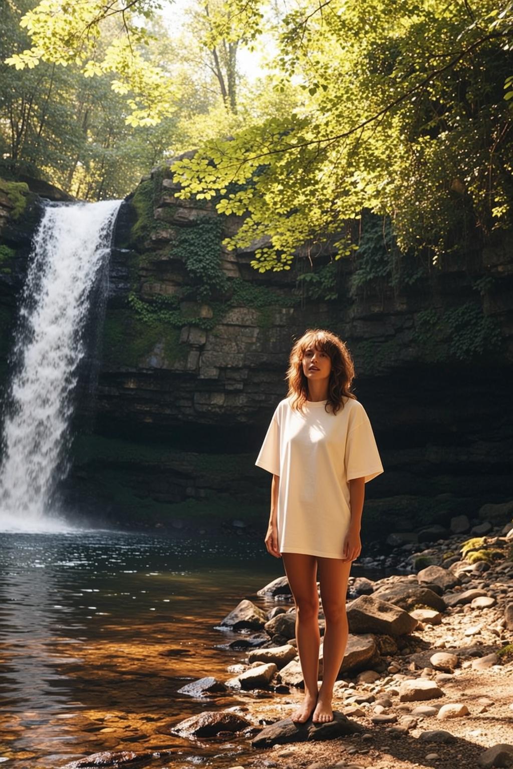 White Dress Waterfall Forest Scene