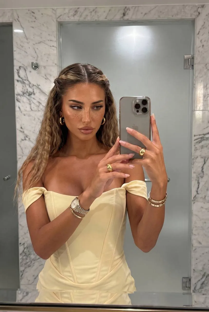 Pale Yellow Corset Dress Mirror Selfie