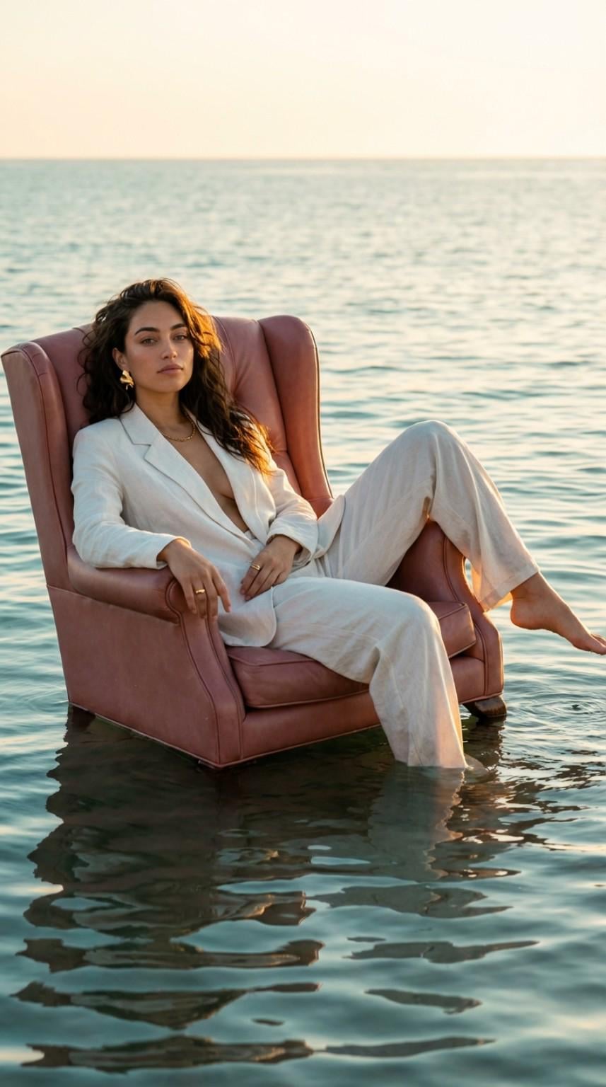 Sunset Sea Portrait Cream Linen Suit Barefoot