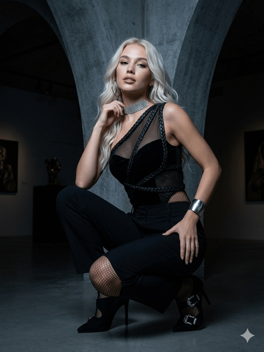 Gallery Art Brutalist Arches Black Bodysuit Fishnet Stockings