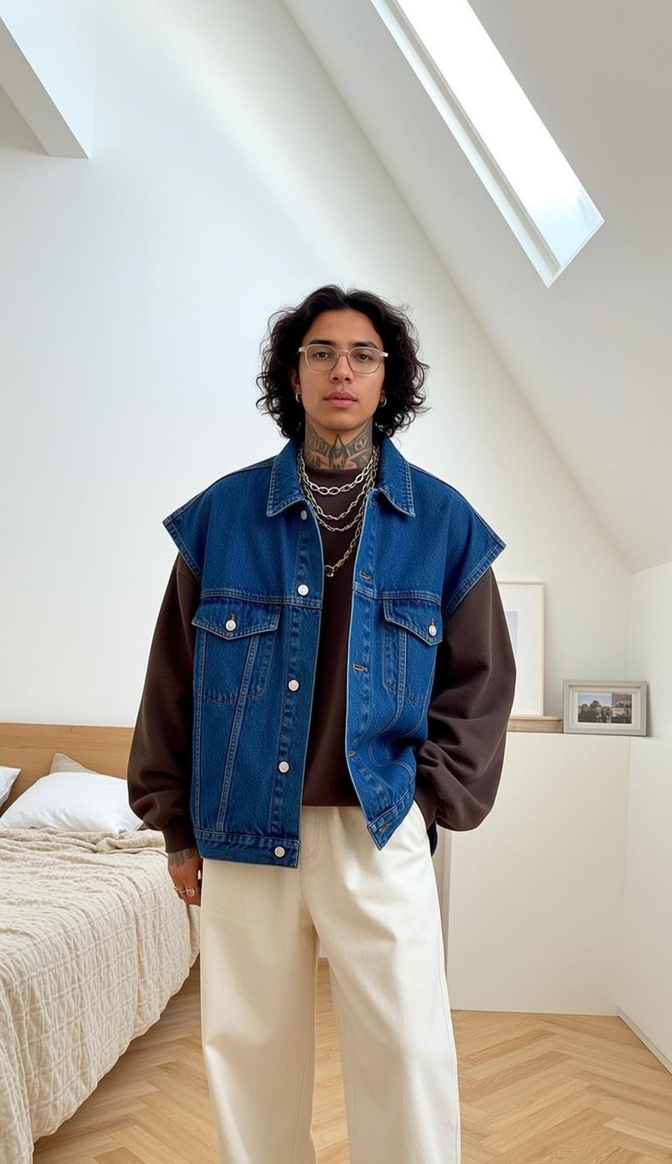Casual Young Dark Curly Light Brown Crewneck