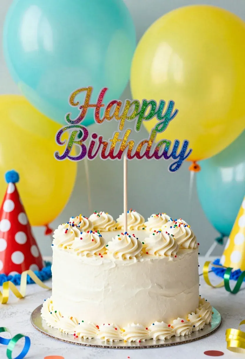 Festive Birthday Cake With Colorful Glittery Topper Reading Happy Birthday