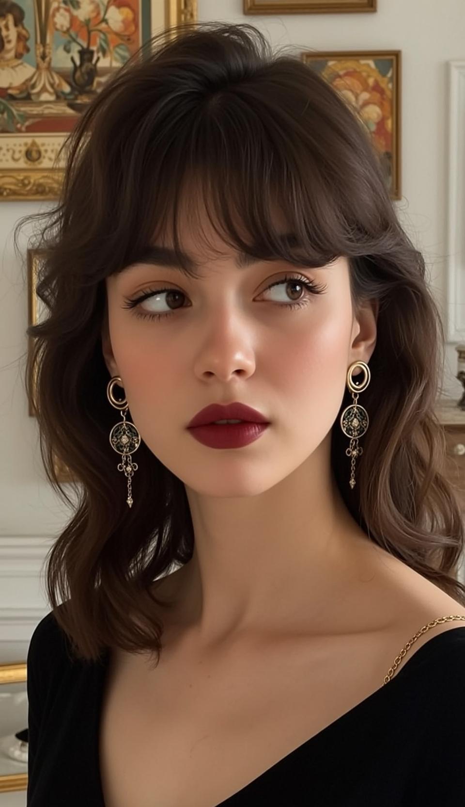 Ornate Room Dark Hair Gold Earrings