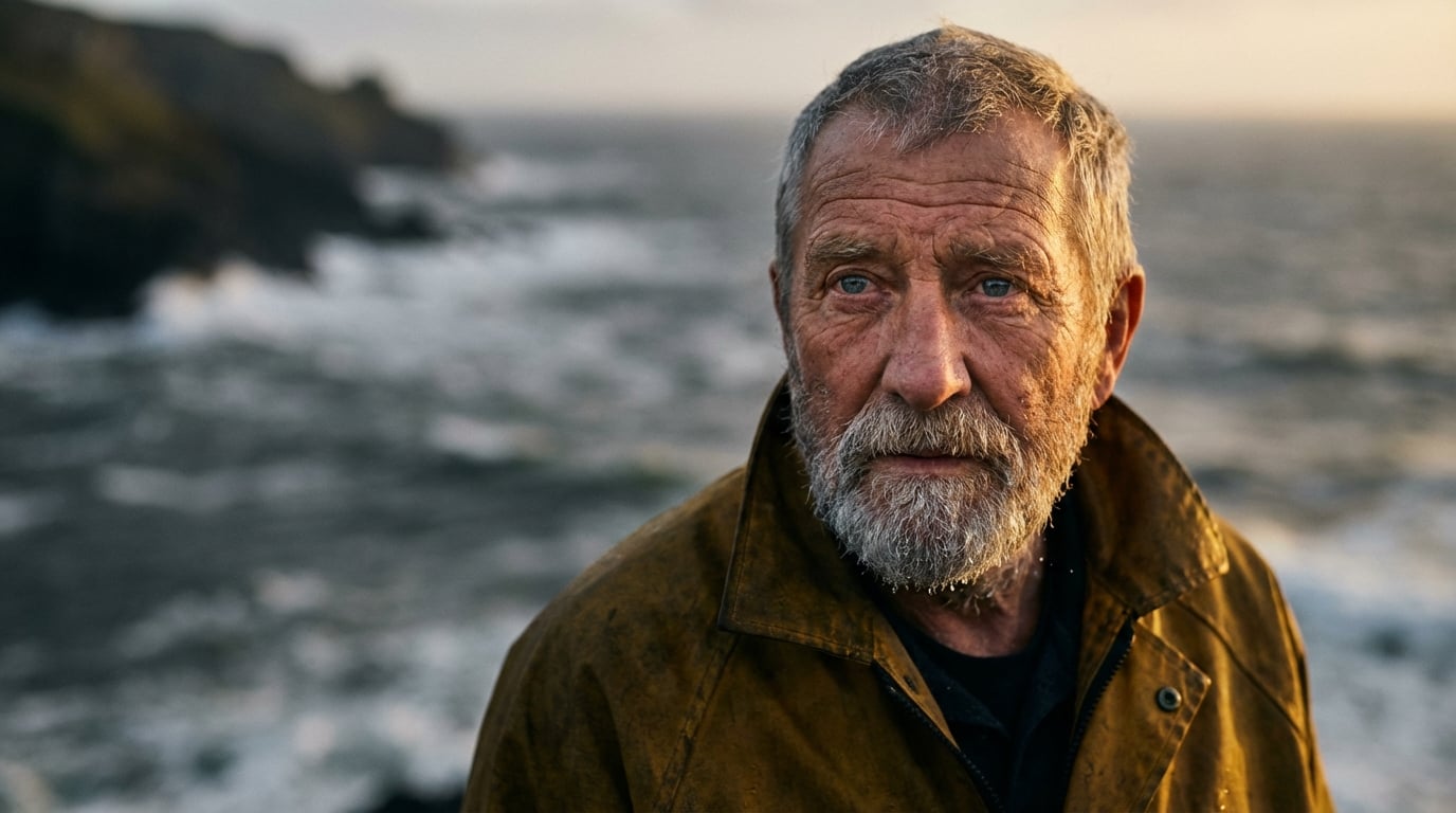 Close-up portrait of a weathered man with a beard in golden hour light, wearing a dark shirt and mustard-yellow jacket, near coastal cliffs.