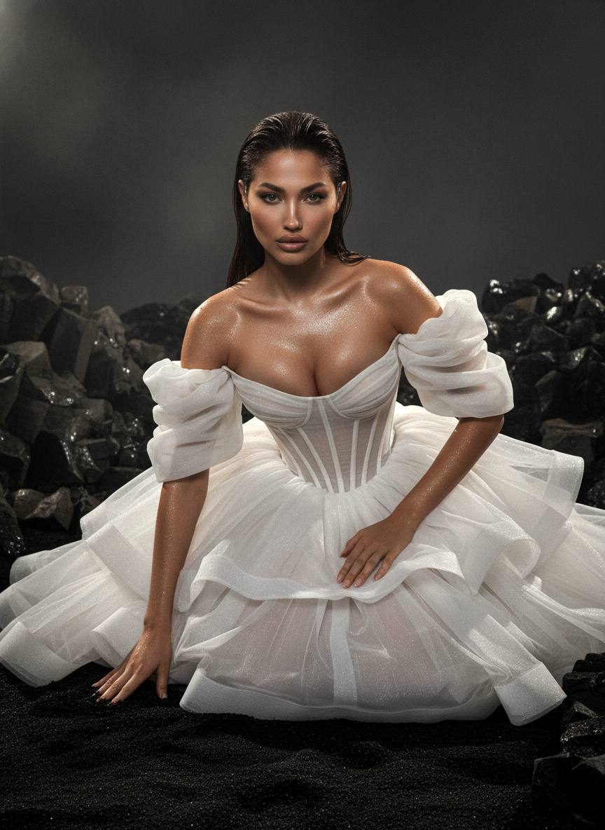 A woman in a grand haute couture gown kneeling on volcanic sand, showcasing glossy wet skin and a strong posture amidst basalt rocks.