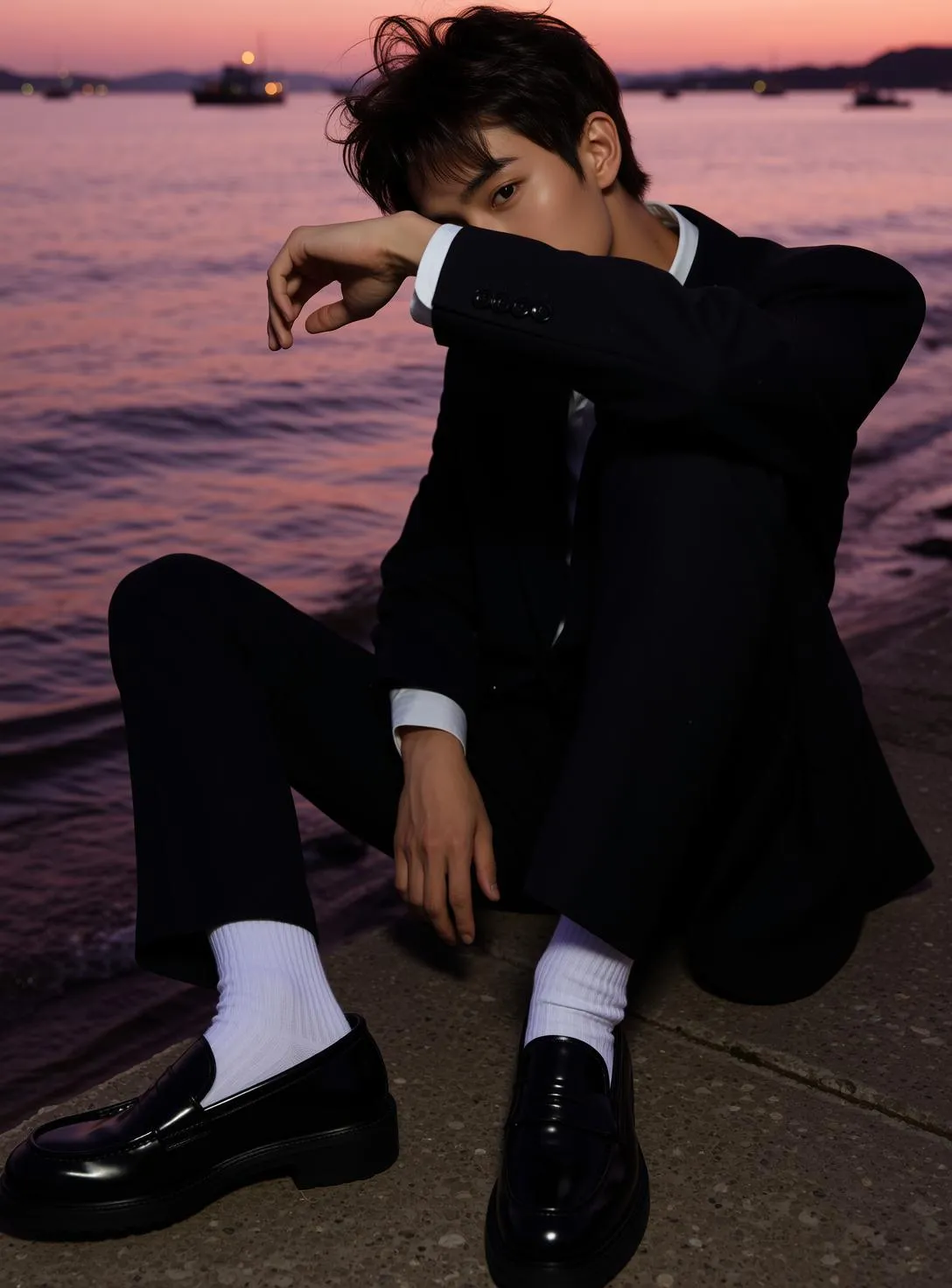 Explore Young Seated Concrete Embankment Water His