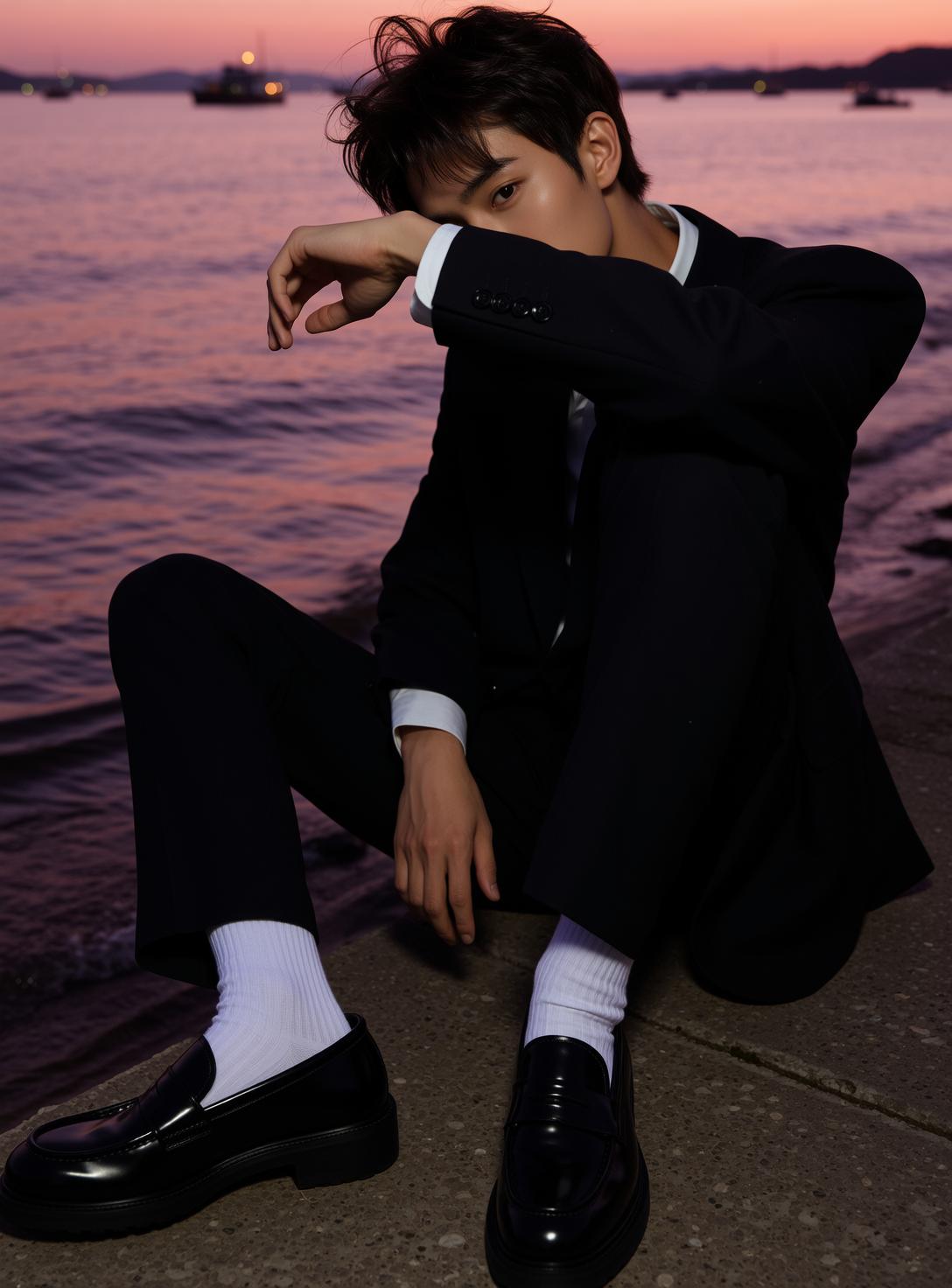 Explore Young Seated Concrete Embankment Water His