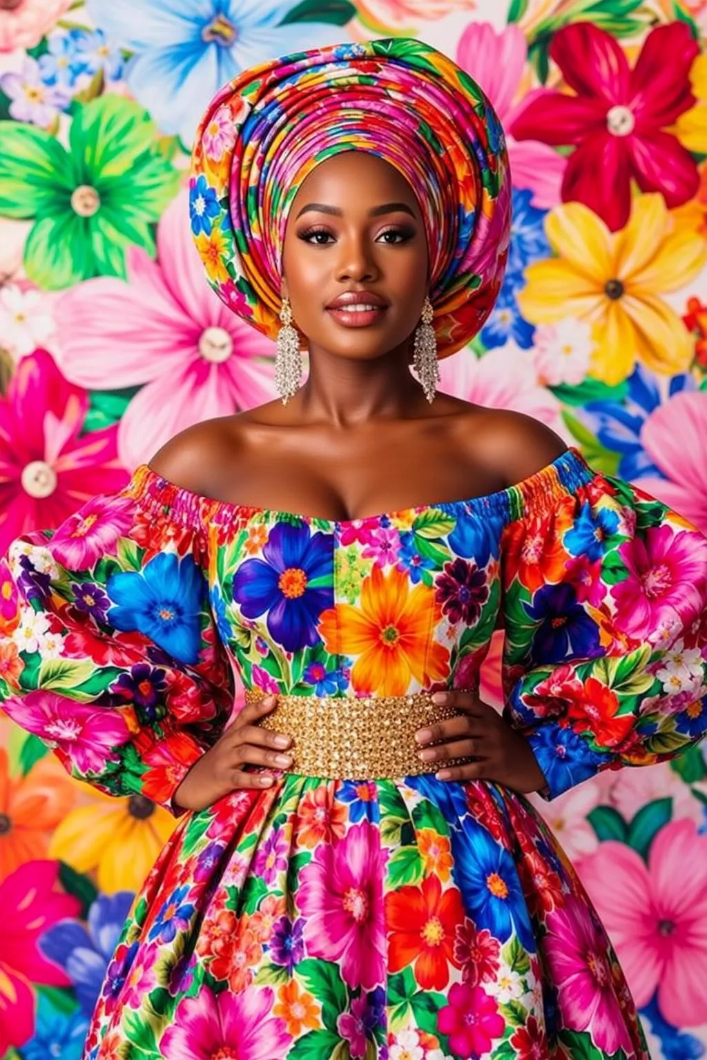 Colorful Headwrap Floral Dress