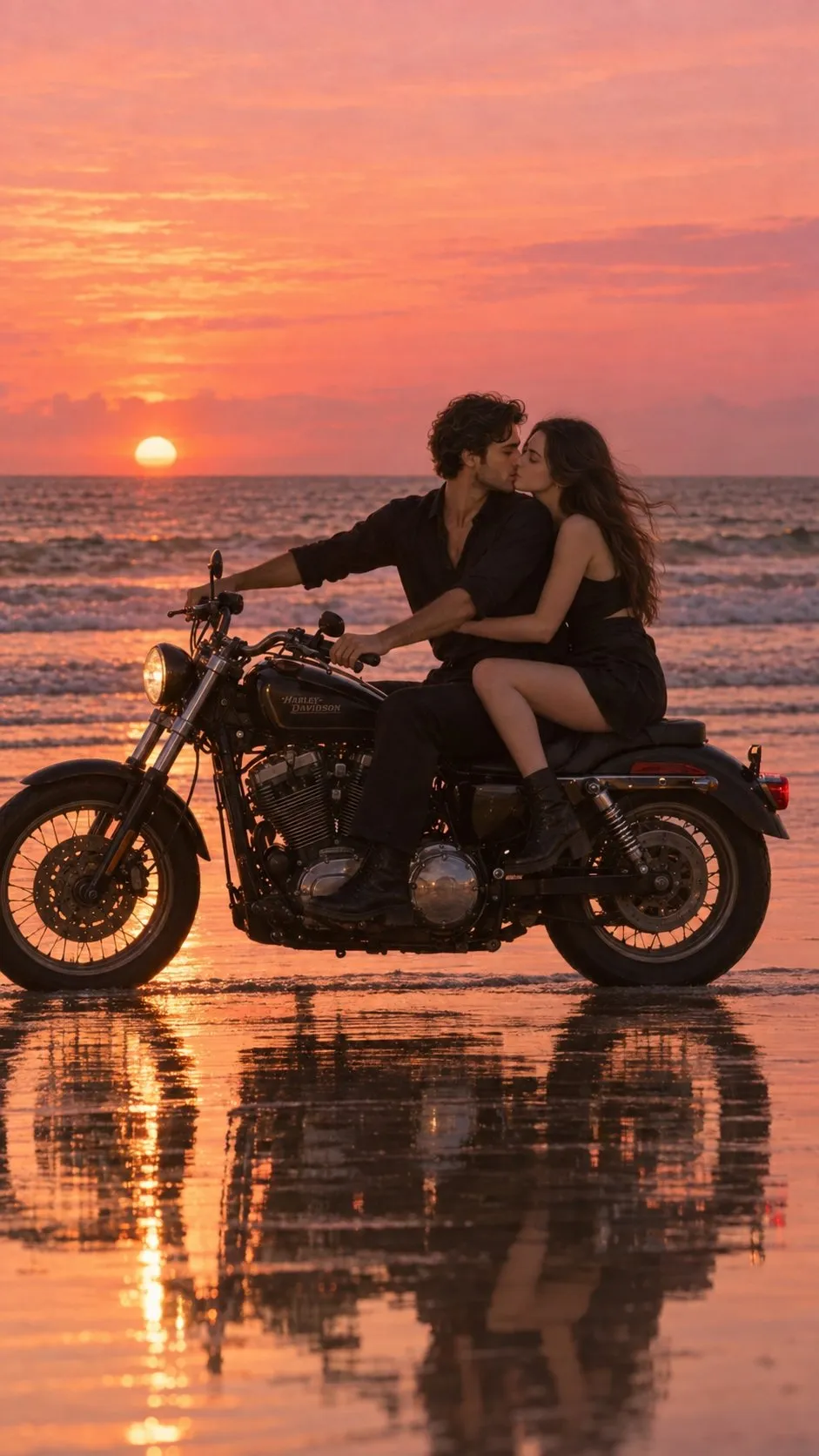 Couple On Motorcycle At Beach Sunset Romantic Photograph