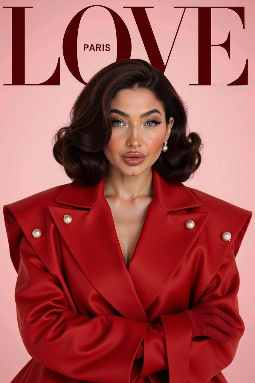 A stunning fashion editorial featuring a model in a voluminous bouffant hairstyle, vibrant red coat, and pearl accessories against a soft blush background.