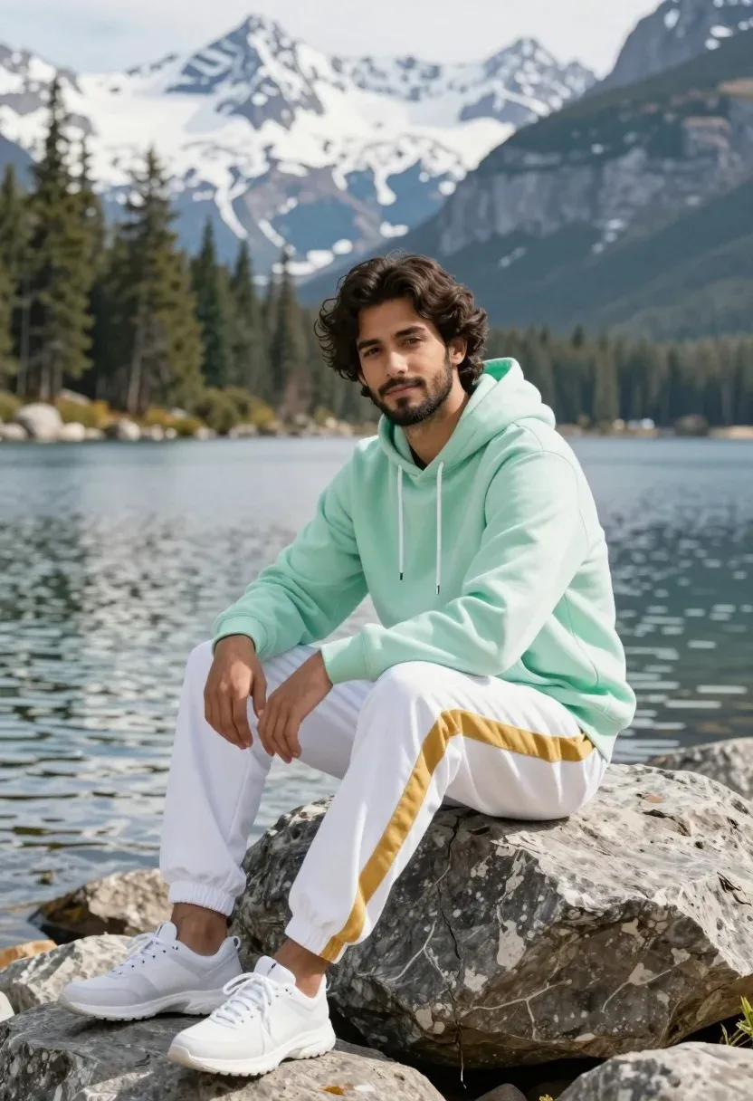 Handsome Man With Wavy Dark Hair And Beard Sits Rocky