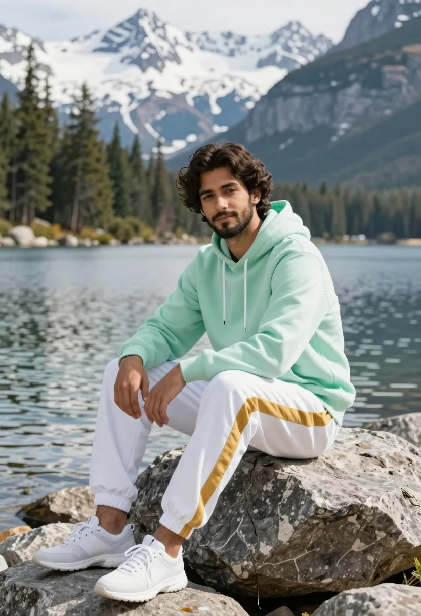 Handsome Man With Wavy Dark Hair And Beard Sits Rocky