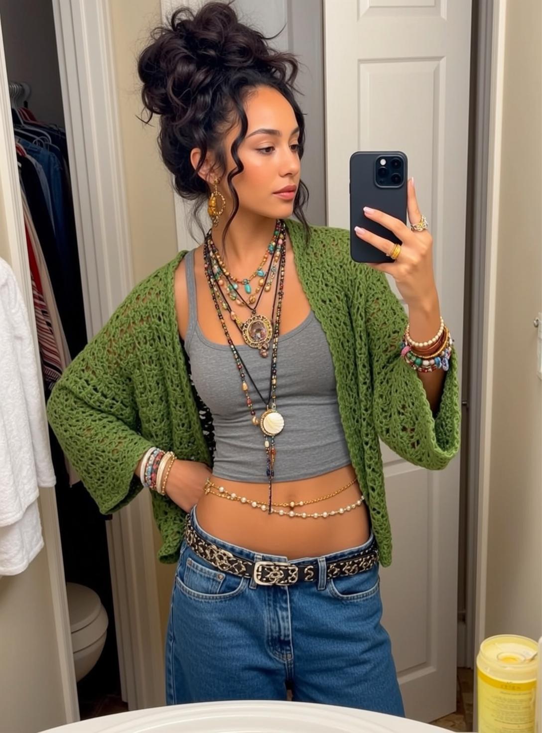 Indie Young Dark Curly Hair Messy Bun