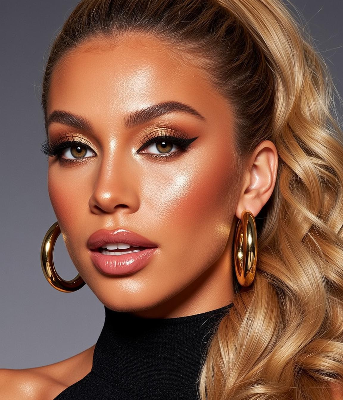 Photorealistic Portrait Woman With High Ponytail Wavy Blonde Hair Her