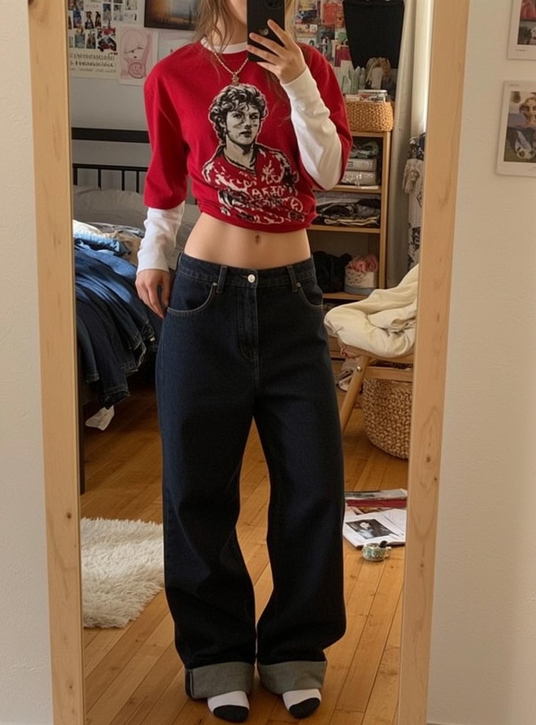 Bedroom Mirror Selfie Red Graphic Shirt Jeans