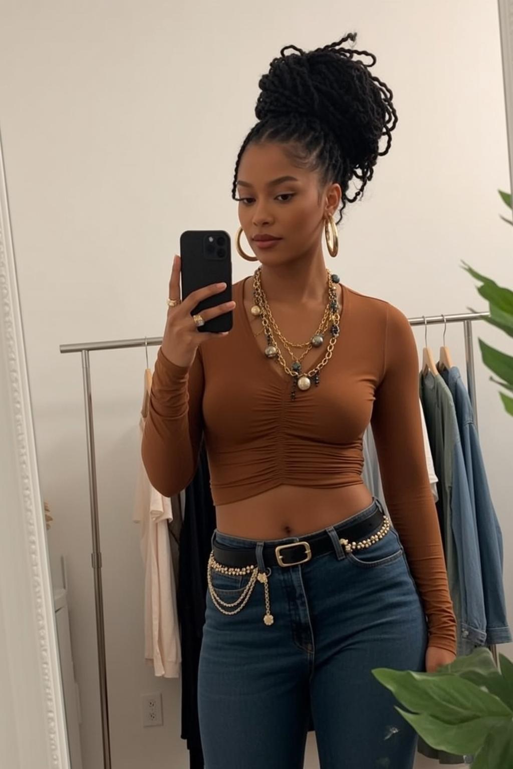 Baddie Stands Facing Mirror Holding Black Smartphone