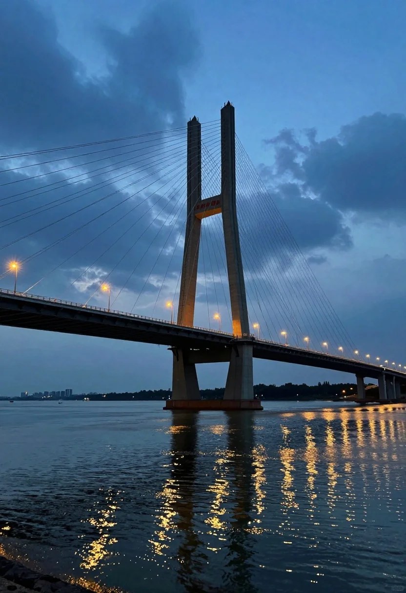 Low-angle view of a majestic cable-stayed bridge spanning a wide river under a twilight sky, showcasing its tall pylons and diagonal cables.