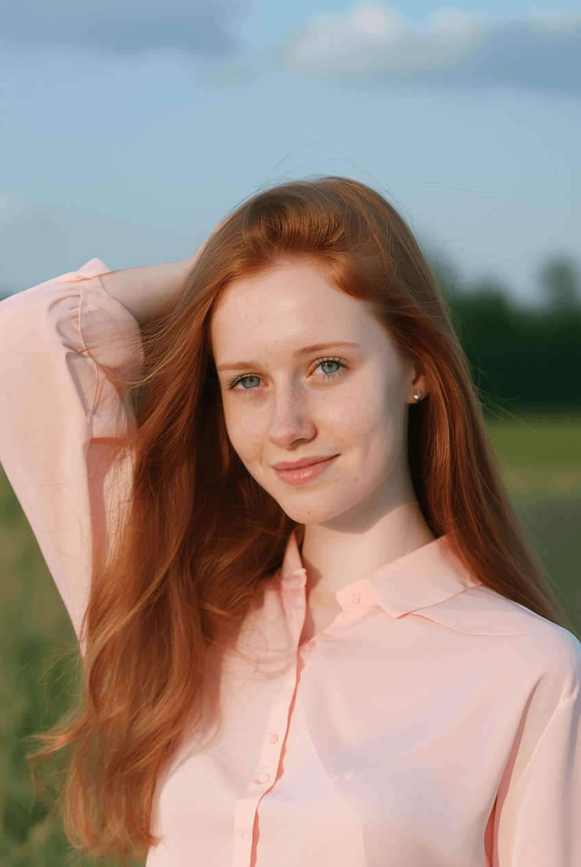 Golden Hour Portrait Long Flowing Hair Pink Shirt