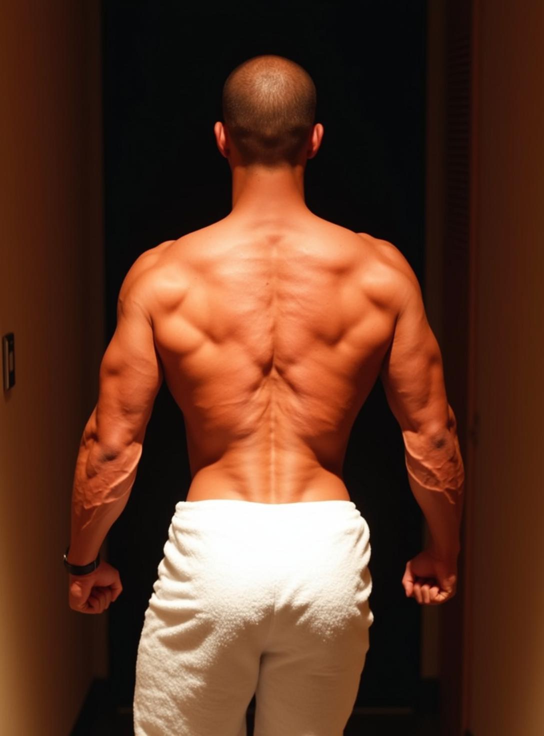 Muscular Shaved Tan White Towel Pants Standing