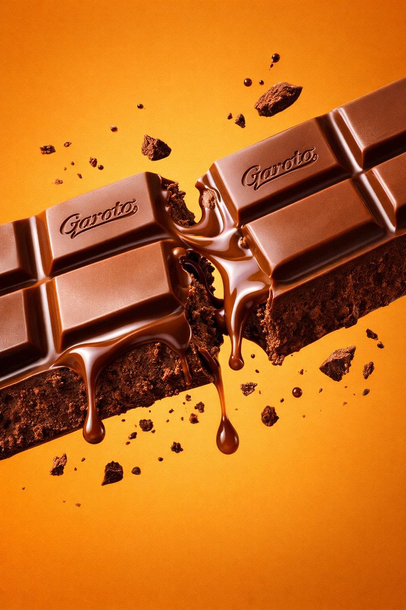 Ultra-realistic image of a broken Garoto chocolate bar showing melted chocolate texture, rich gloss, and cocoa details in a vibrant studio setting.