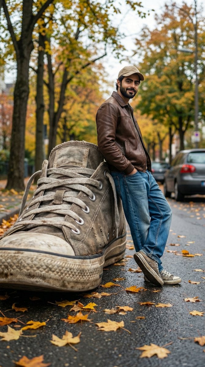 Giant Sneaker Street Photography Autumn Leaves Low Angle